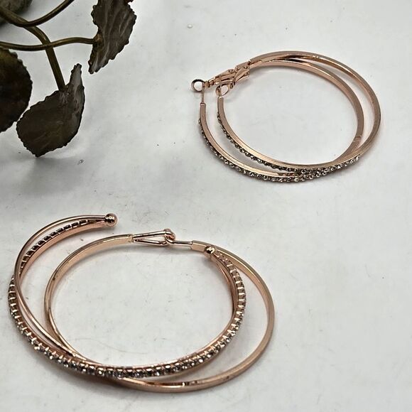 "5/$25" Rose Gold Rhinestone Jewelry Set, 2 Bracelets/Hoop Earrings - Picture 2 of 9